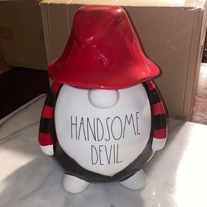 Rae Dunn Handsome Devil Gnome Cookie Jar Halloween Decor New Red Black Spiderweb